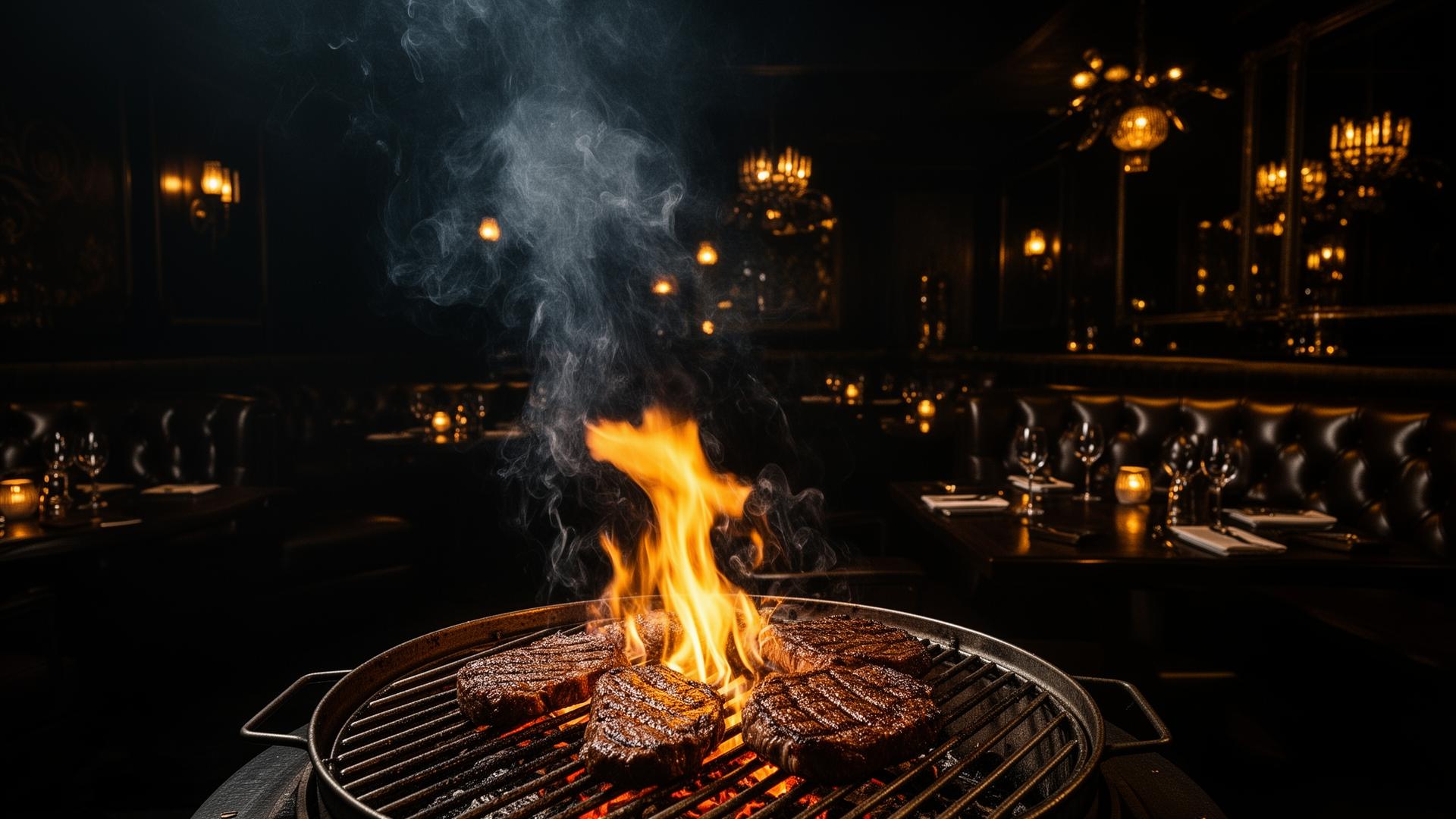 Flame-grilled steaks in a moody upscale BBQ lounge
